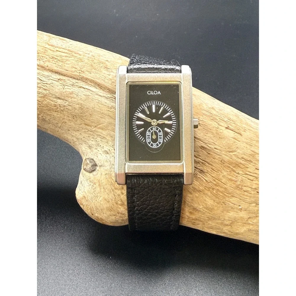Ciloa EP510 Tank Watch Black Dial Silver Case Leather Strap Mens Womens Working
